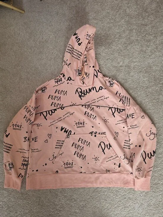 Puma Blush Pink All-Over Graffiti Print Pullover Hoodie Size L - Picture 8 of 12